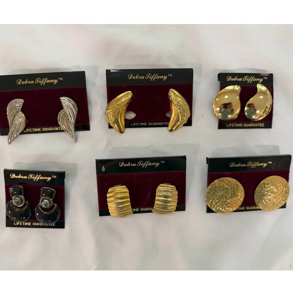 Vintage 1980s Debra Tiffany Earrings Lot of 6 Statement Gold Tone NOS